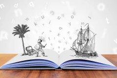 The magic of reading open book with figurines emerging from the pages